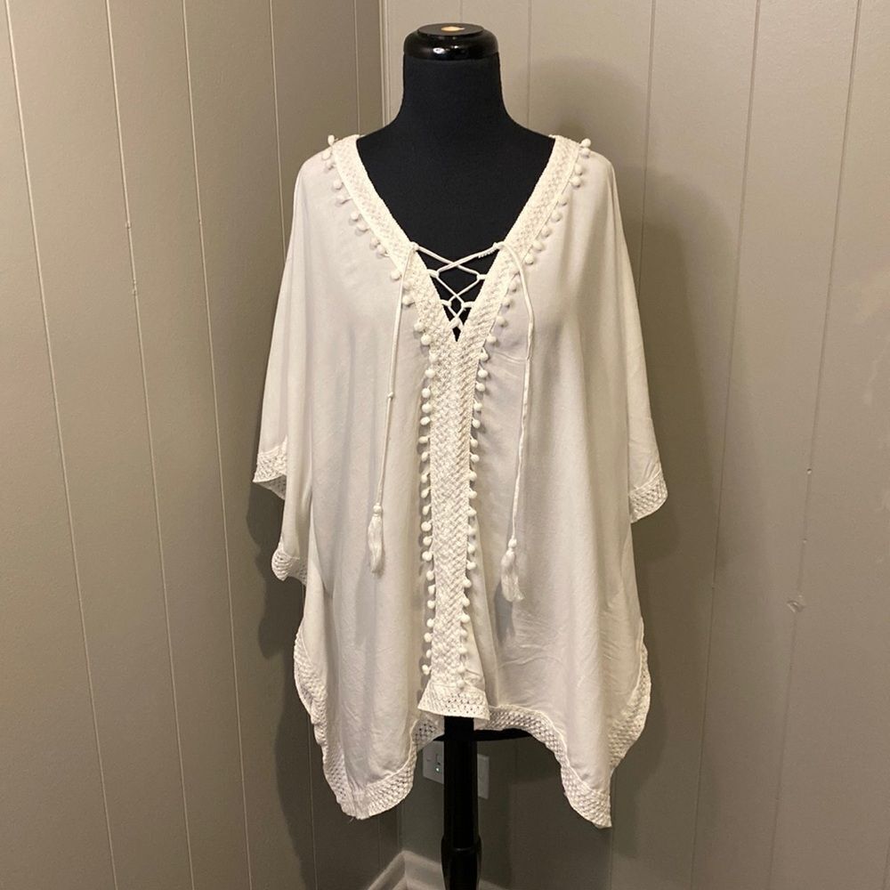 Bindya New York One Size Beach Coverup Poncho Embroidered Pom Pom Drawstring